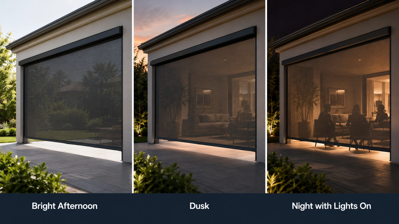 Outdoor blinds privacy changing from bright afternoon to dusk and nighttime